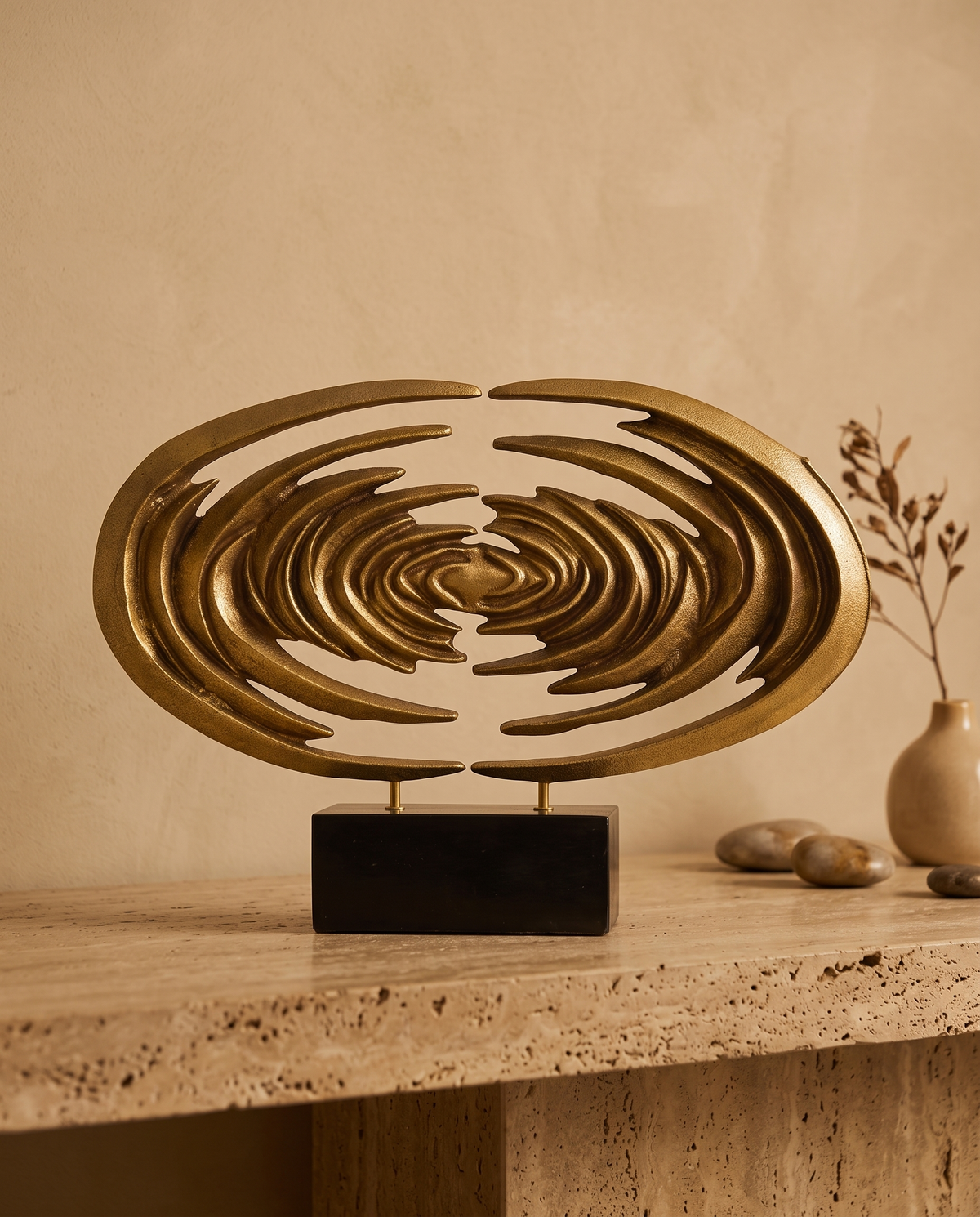 Venus Horizon Sculpture Golden Solid Brass - styled warm beige console scene