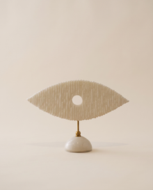 White Marble Eye Sculpture With Brass Stand - warm ivory studio hero shot