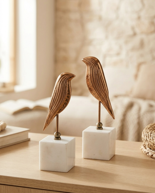 Brass Birds II - styled warm beige console scene