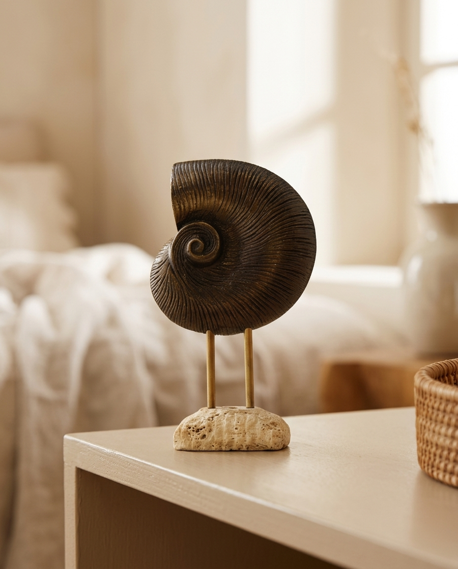 Bronze Nautilus Shell on Travertine Base - styled warm beige console scene