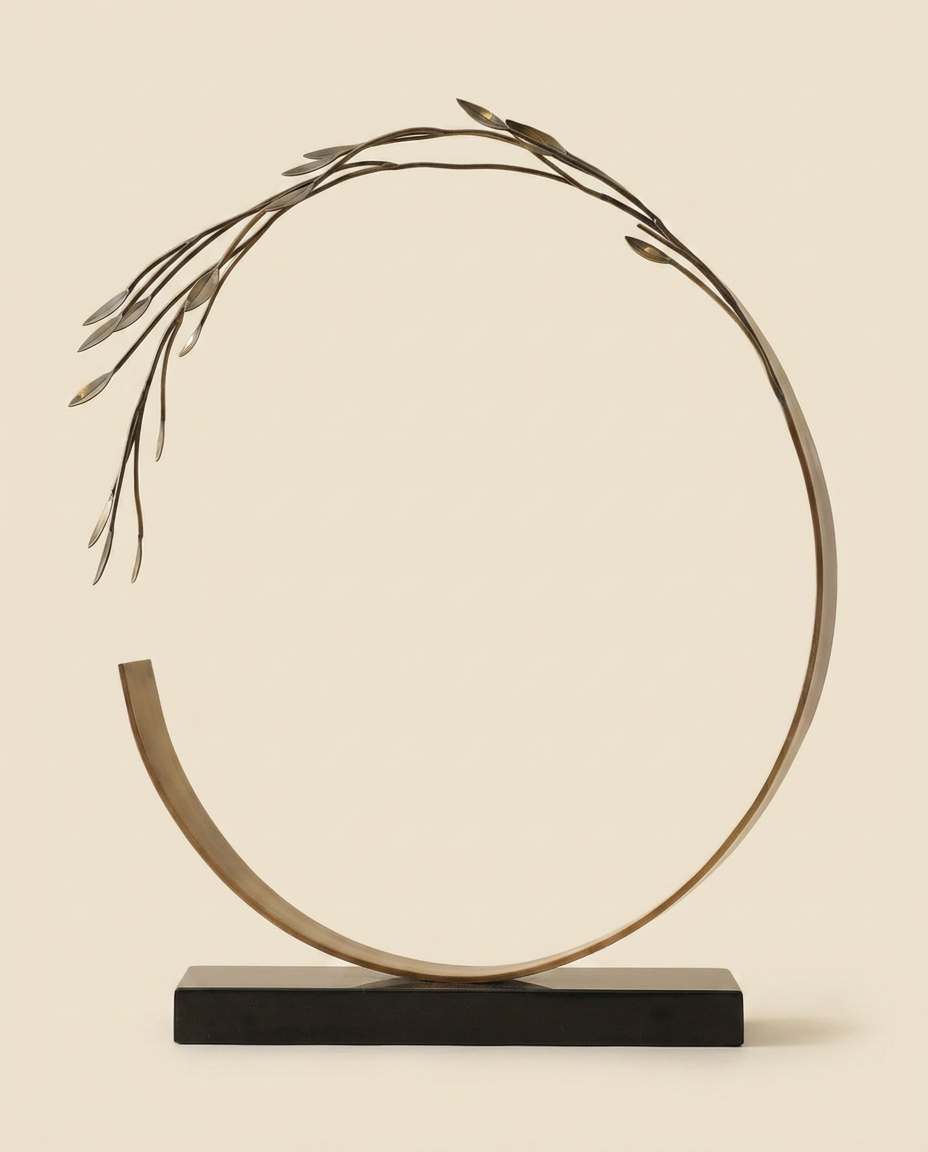 Circle Decorative Object with Leaf - warm ivory studio hero shot