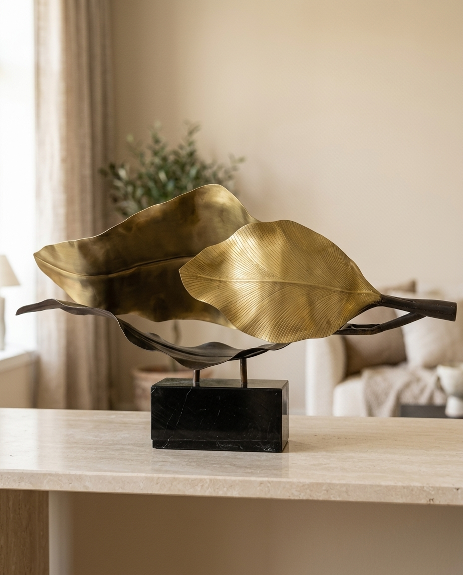 Large Brass Three-Leaf Decorative Object - styled warm beige console scene