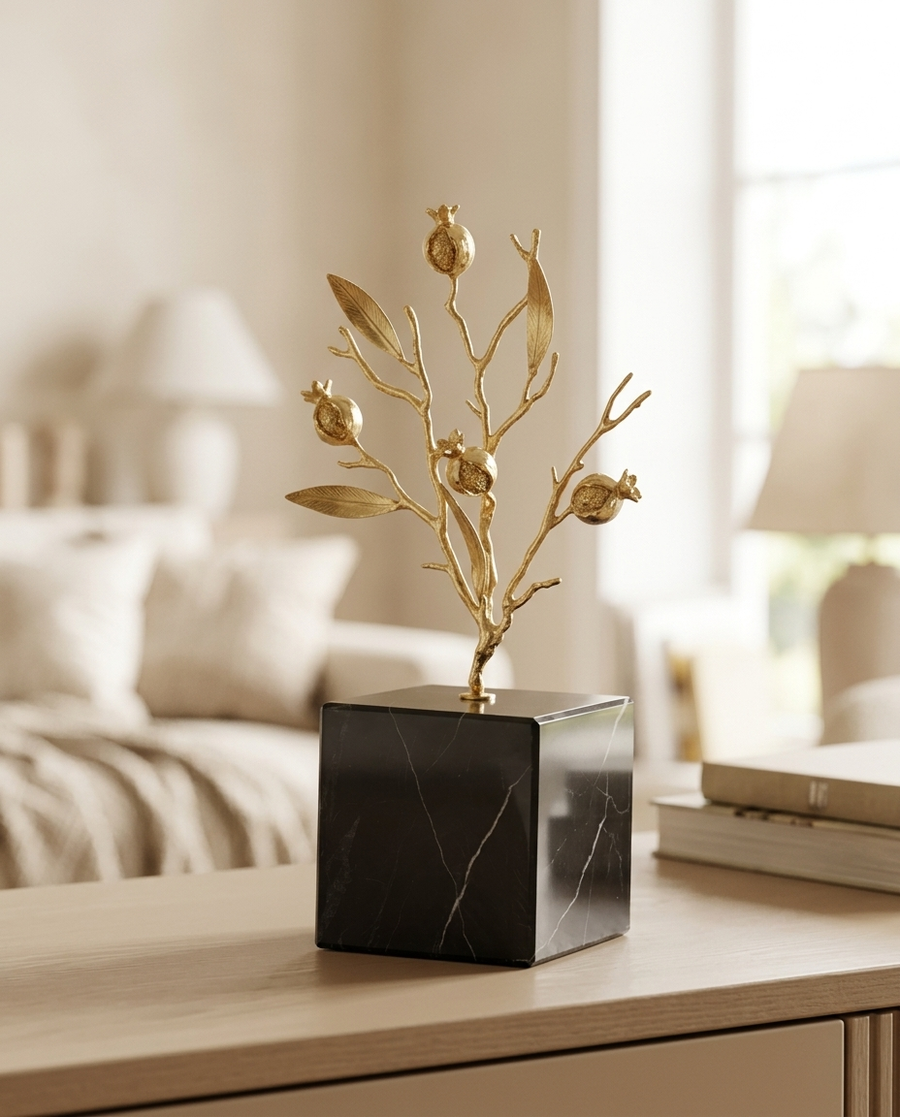 Pomegranate Tree Decorative Object - styled warm beige console scene