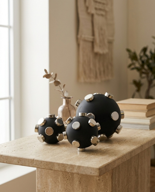 Black Marble Stud Sphere Trio - styled warm beige console scene