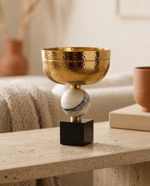 Brass Bowl on Cube and Sphere Base - styled warm beige console scene