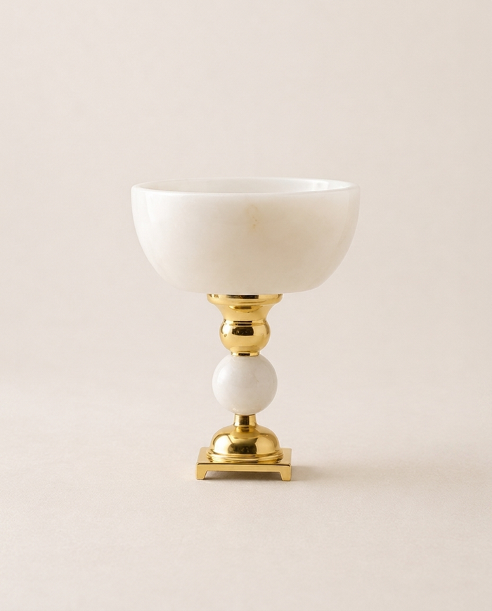 Marble Bowl with Brass & Sphere Base – White Marble Decorative Bowl