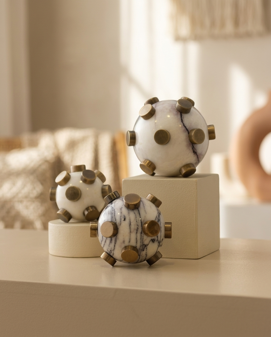 Marble Mine Sphere Decor with Brass Accents - styled warm beige console scene
