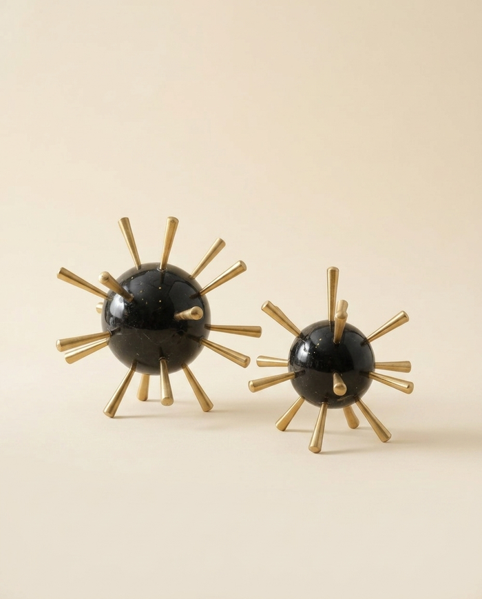 Medium Black Orb Sculpture with Golden Spikes