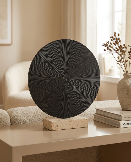 Black Sun Decor - styled warm beige console scene