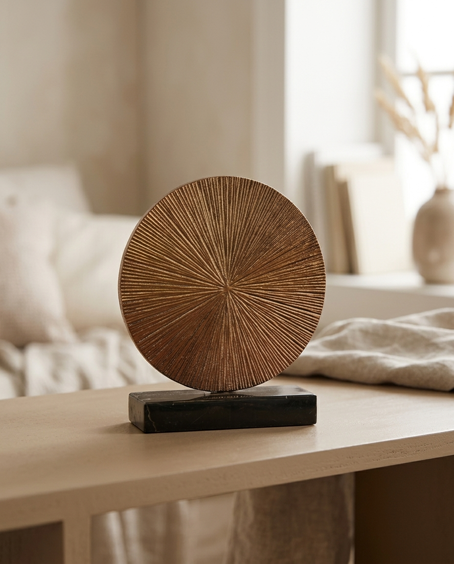 Bronze Eclipse Disc - styled warm beige console scene