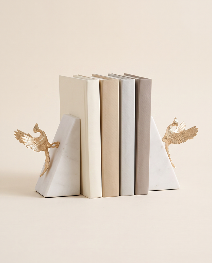 White Marble Bookends with Golden Birds