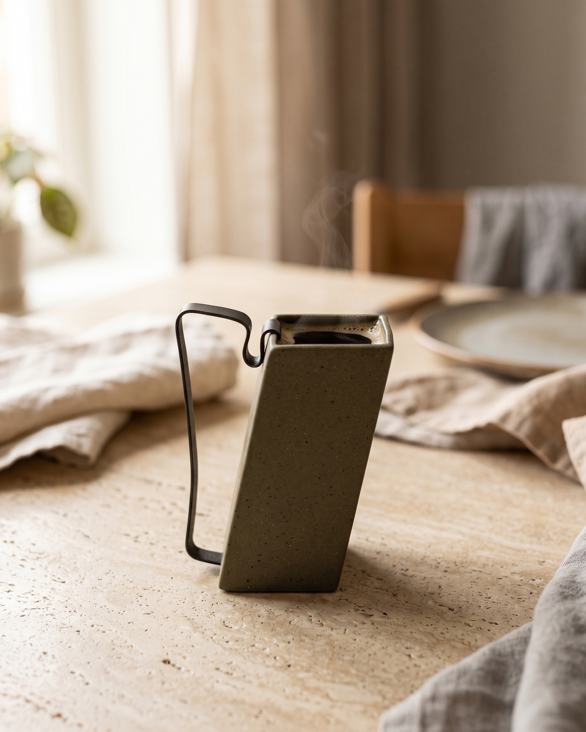 Hic Ceramics Khaki Rectangular Small Stoneware Mug with Removable Stainless Steel Handle — styled in use