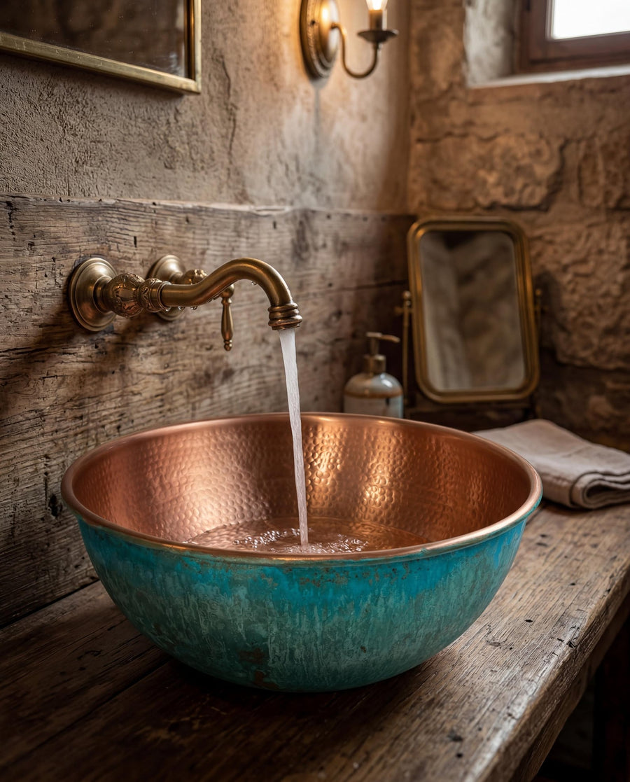 Hammered Verdigris Copper Vessel Sink & Rustic Bathroom Vanity Basin – view 6