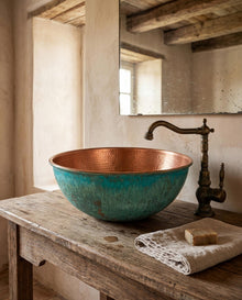 Hammered Verdigris Copper Vessel Sink & Rustic Bathroom Vanity Basin – view 5