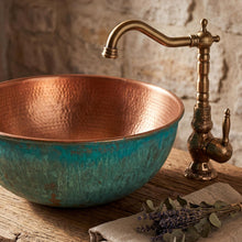 Hammered Verdigris Copper Vessel Sink & Rustic Bathroom Vanity Basin – view 2