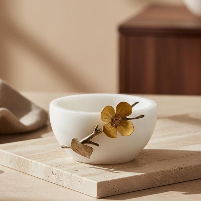 Handmade White Marble Bowl with Gold Flower