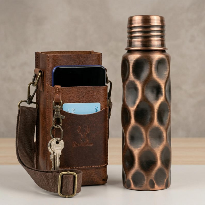 Hammered Dark Copper Water Bottle & Genuine Leather Carrying Bag Set, 750 ml