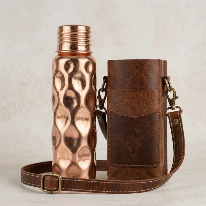 Hammered Solid Copper Water Bottle & Genuine Leather Carrying Bag Set, 750 ml