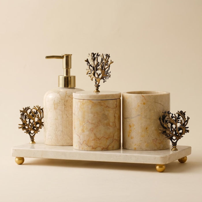 Luxury Marble Bathroom Set & Coral Brass Vanity Accessories (4 Piece)