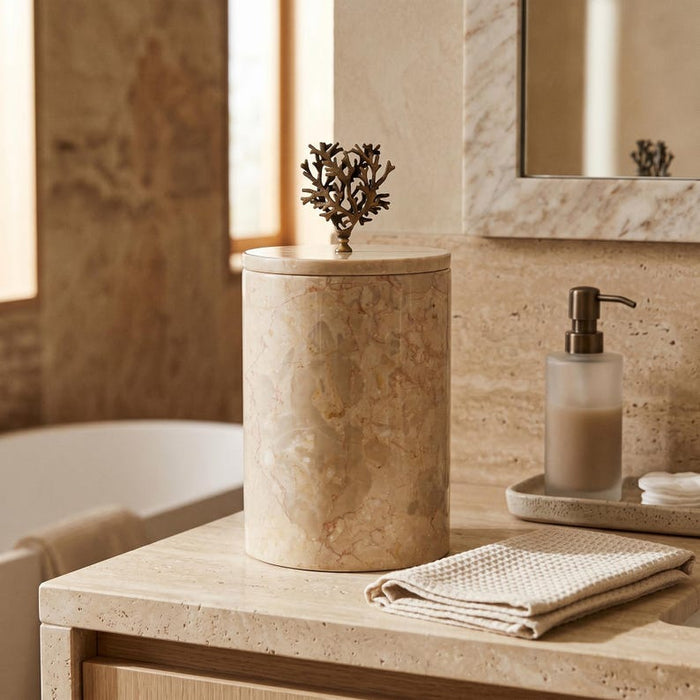Marble Bathroom Canister with Coral Brass Lid & Luxury Vanity Storage Jar