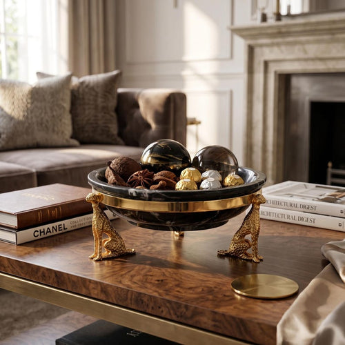 Black Marble Bowl with Gold Cheetah Figures