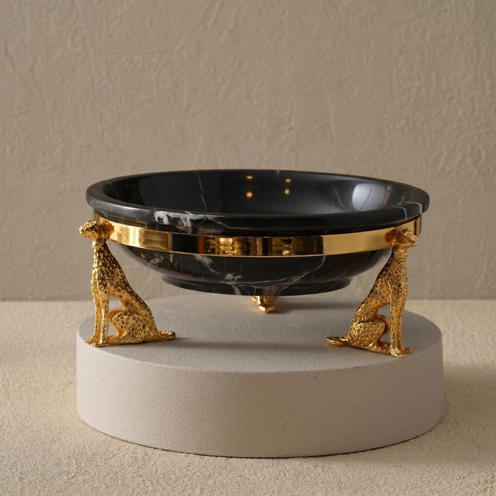 Black Marble Bowl with Gold Cheetah Figures