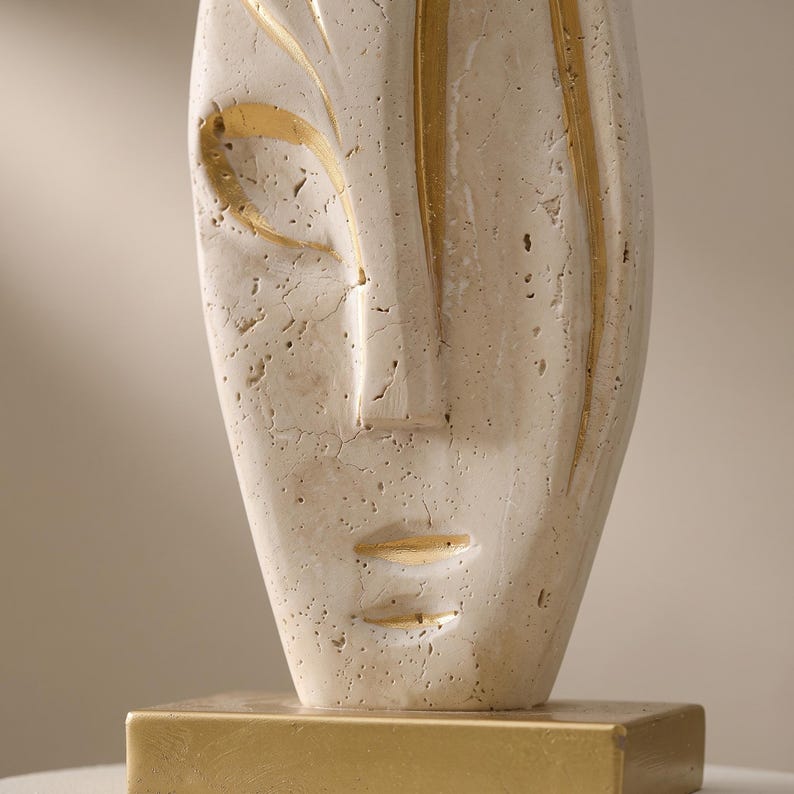 Travertine Face Sculpture with Gold Base