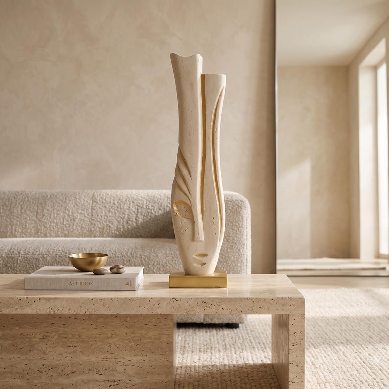 Travertine Face Sculpture with Gold Base