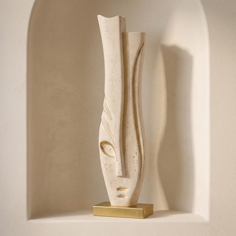 Travertine Face Sculpture with Gold Base