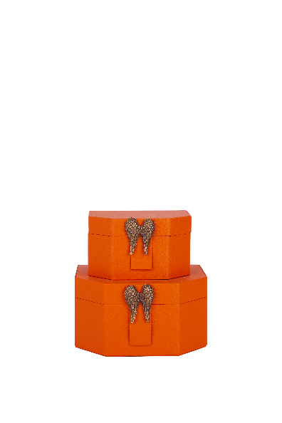 Leather Box with Brass Angel Wing — Orange, Set of 2