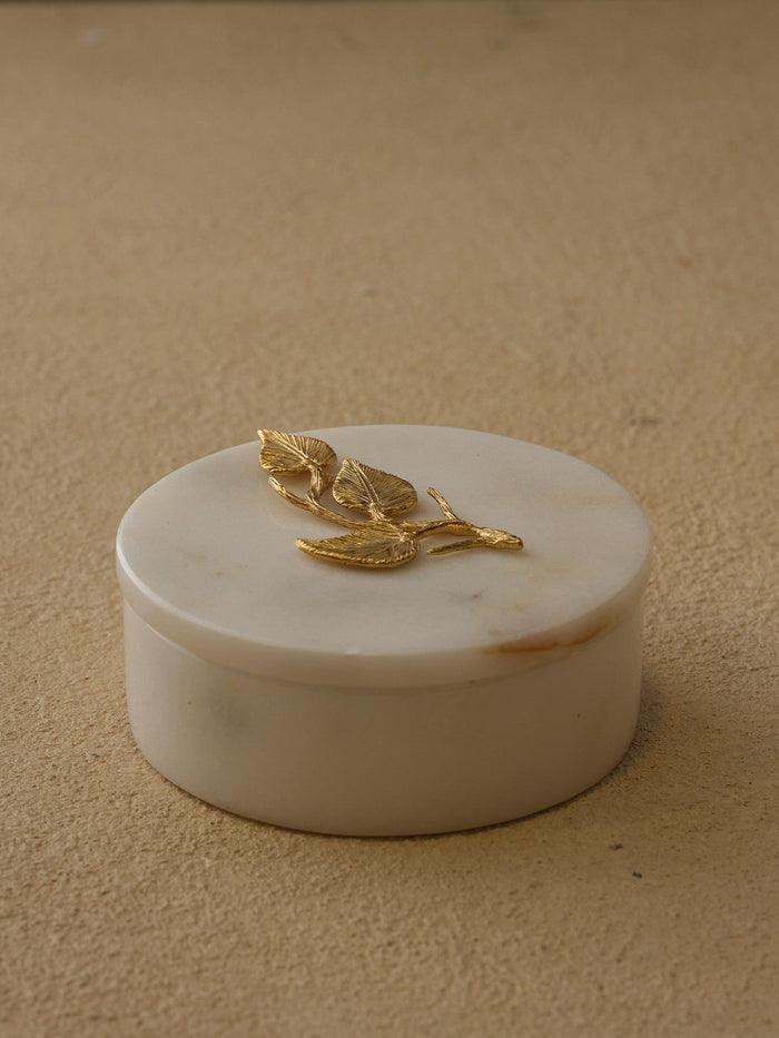 White Marble Box With Brass Leaf Detail