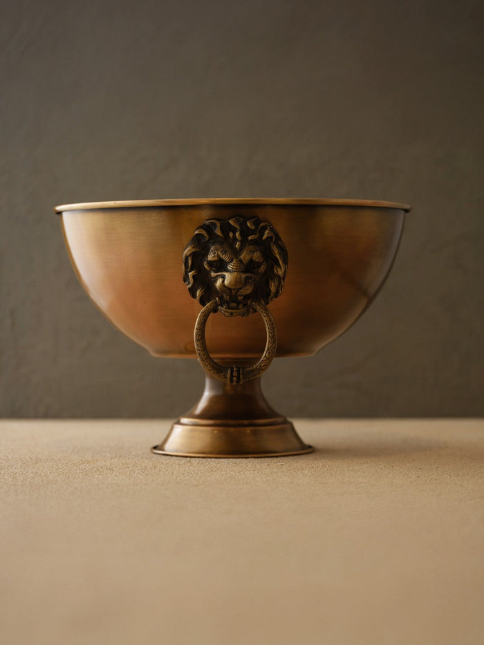 Antique Brass Lion-Head Pedestal Bowl