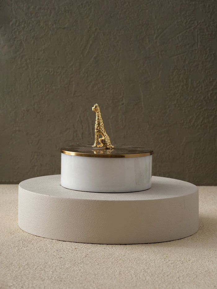 Leopard Accent White Marble Box with Brass Lid