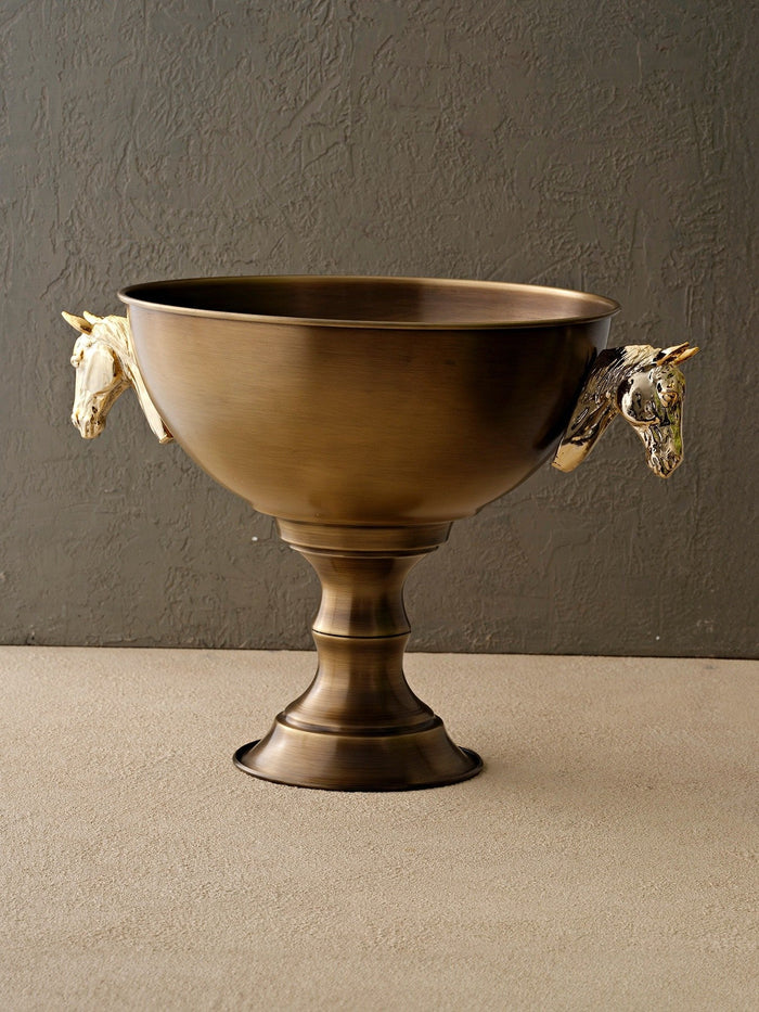 XL Tall Footed Brass Bowl with Two Horses