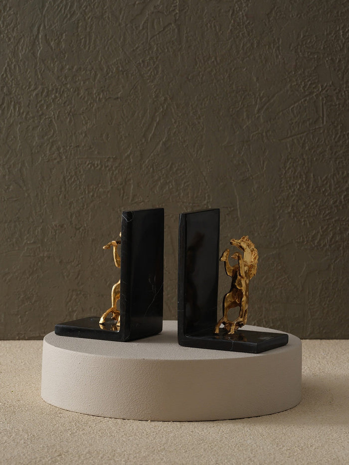 Golden Horse Bookends with Black Marble Base