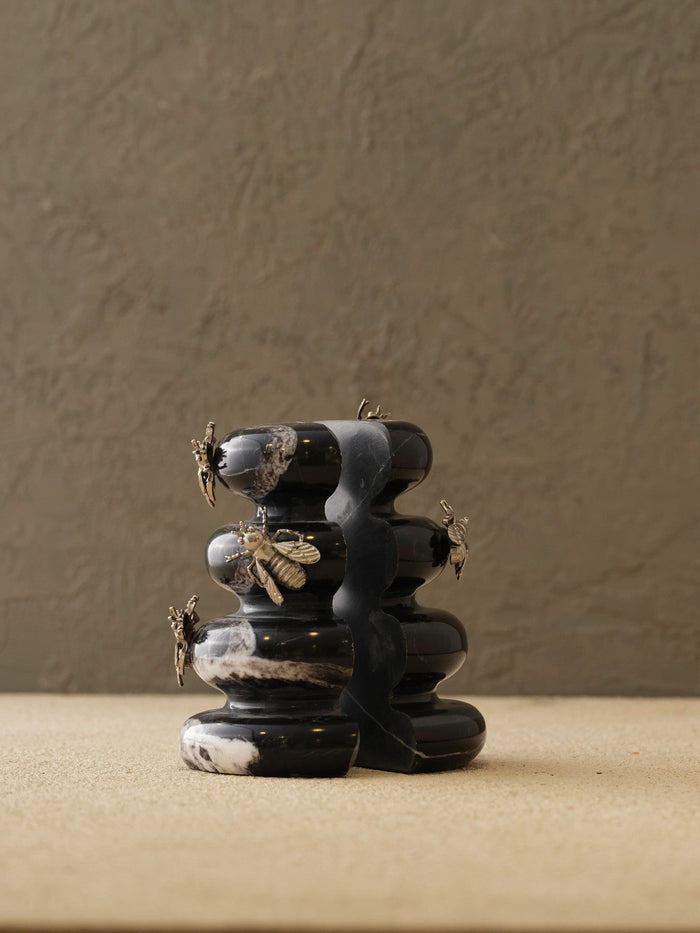 Black Hive Marble Bookend Set with Silver Bees