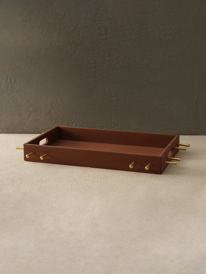 Cognac Studded Tray – Structured Style with Luxe Hardware