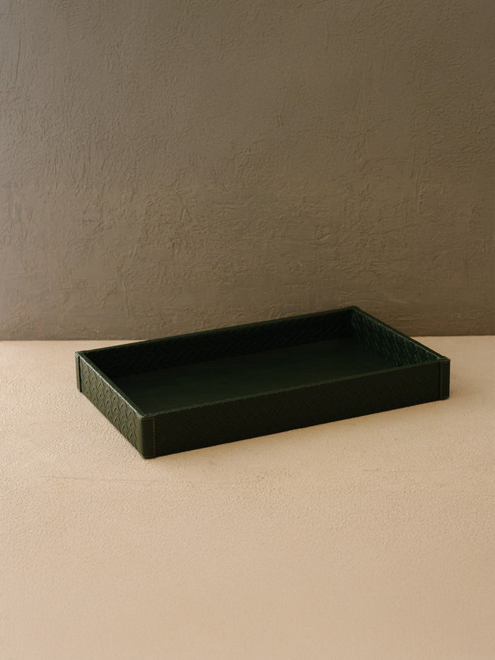 Dark Green Faux Leather Rectangular Tray With Woven Detail