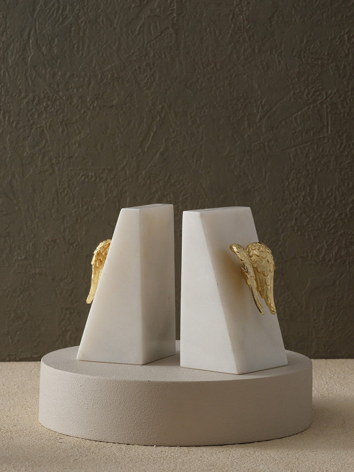 Angel Wing Bookends in White Marble
