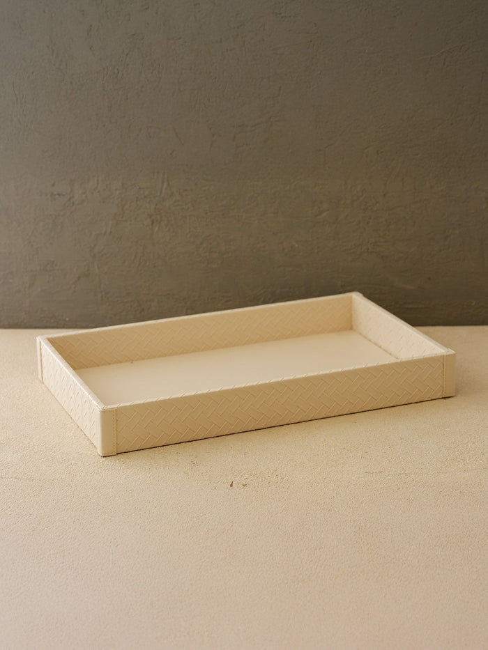 Cream Faux Leather Rectangular Tray With Woven Texture