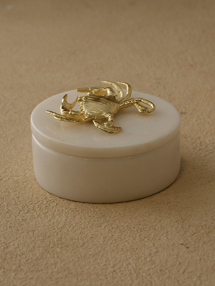 Gold Crab Marble Box with Brass Crab Sculpture – Elegant Coastal Gift