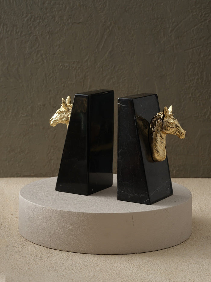 Gold Horse Head Bookends with Black Marble Base