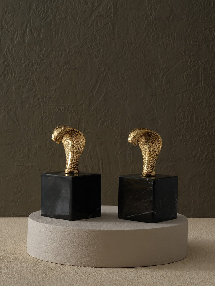 Gold Cobra Bookends with Black Marble Base