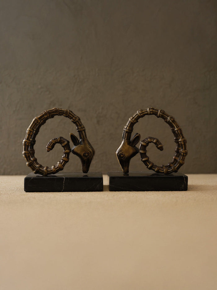 Ram Horn Bronze Bookends with Black Marble Base