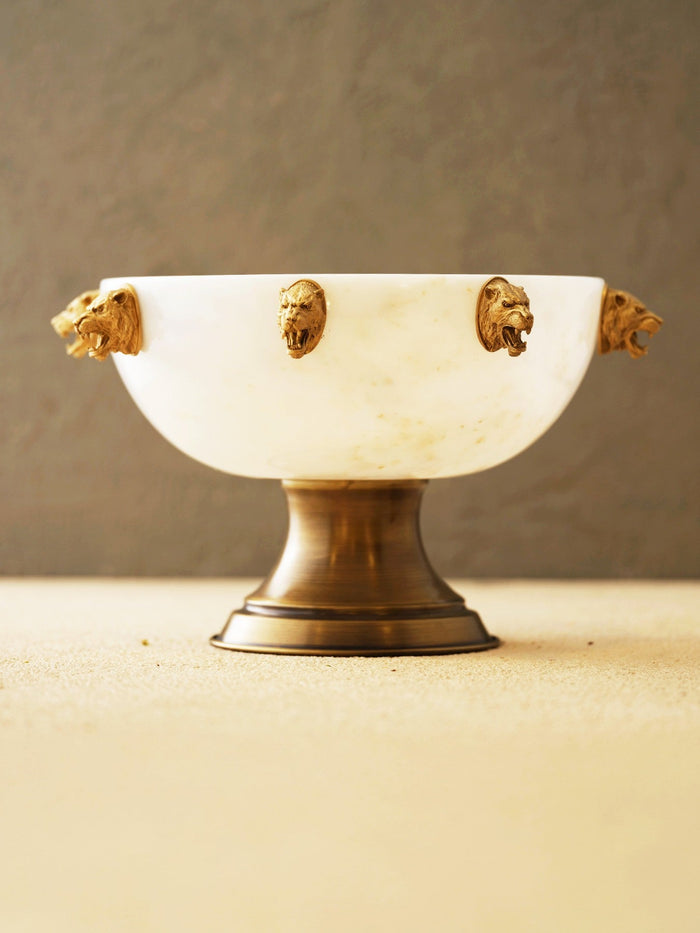 White Marble Pedestal Bowl with Multiple Tiger Heads