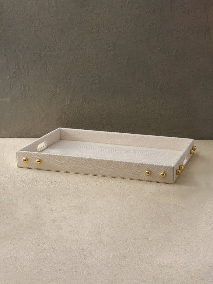 Ivory Textured Rectangular Tray with Golden Stud Accents