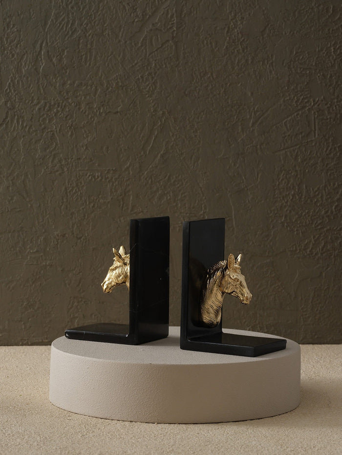 Golden Horse Head Bookends with Black Marble Base