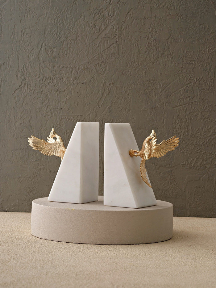 White Marble Bookends with Golden Birds