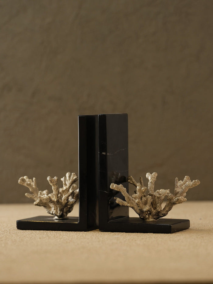 Silver Coral Bookends with Black Marble Base