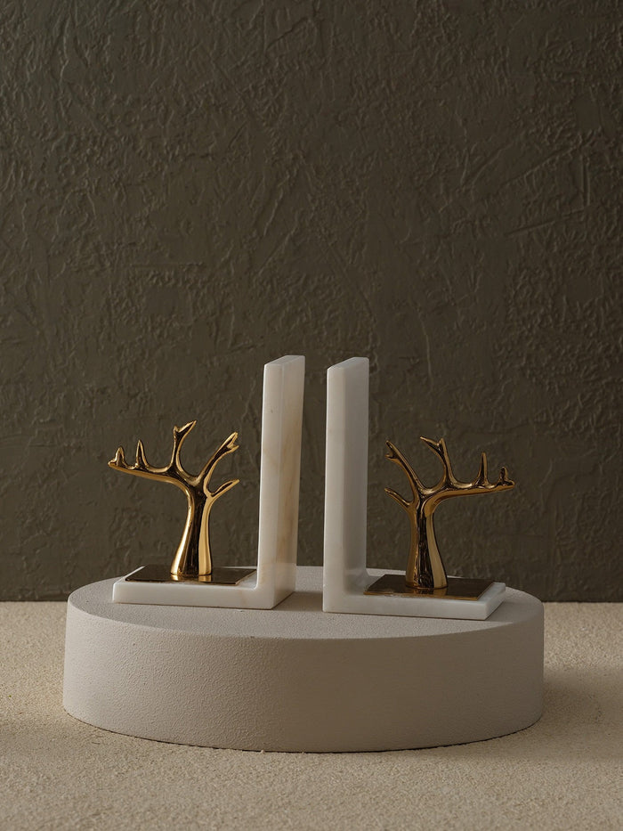Golden Tree Bookends with White Marble Base